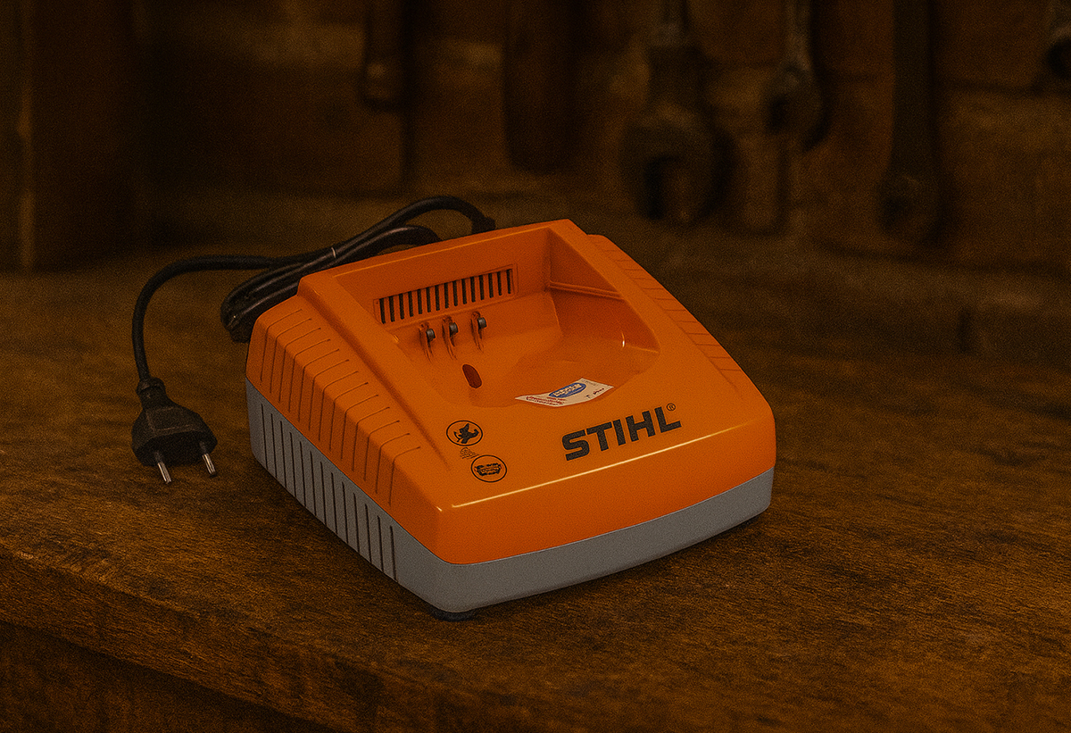 Απεικονίζεται ο φορτιστής πάνω σε πάγκο.